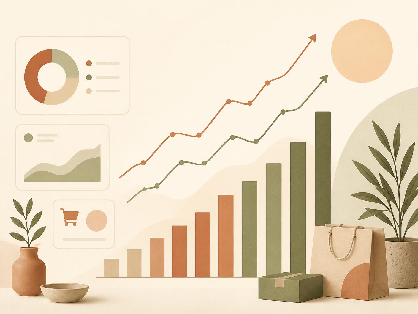 Warm-toned illustration of ecommerce growth charts and metrics