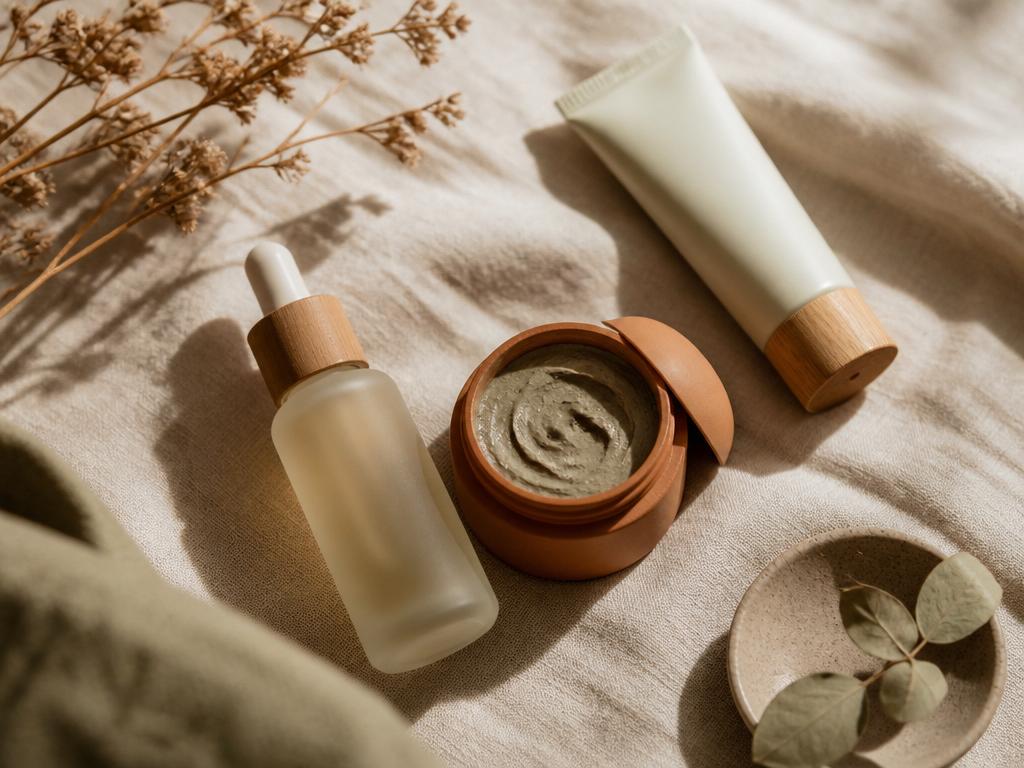 Premium beauty and skincare products in warm earthy packaging